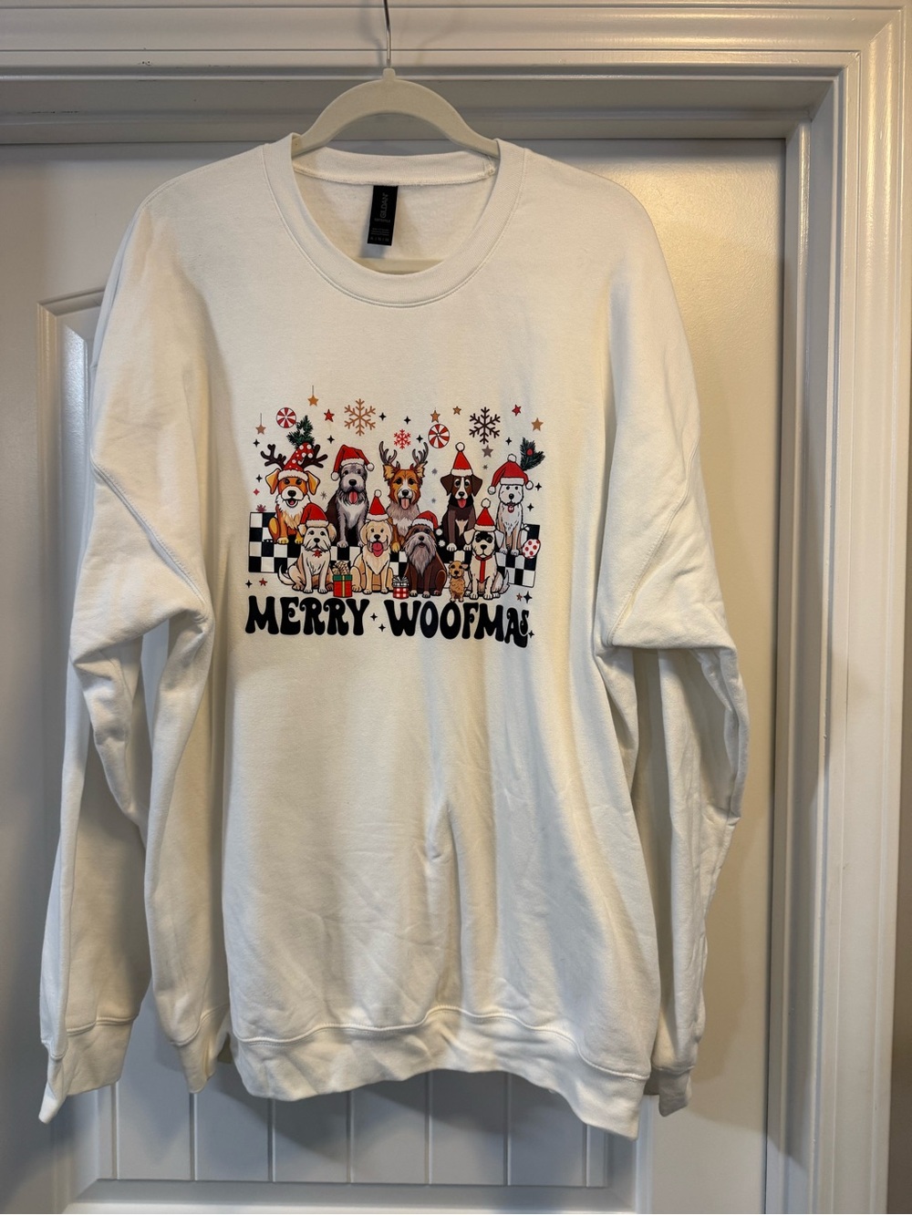 Gildan White 'Merry Woofmas' Holiday Dog Graphic Crewneck
